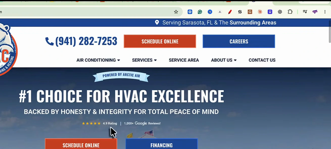 Homepage hero of the fourth-ranked company's website: header with phone number, Schedule Online and Careers buttons, navigation, and the H1 #1 Choice for HVAC Excellence, backed by honesty and integrity for total peace of mind, over a beach photo with a polar bear mascot