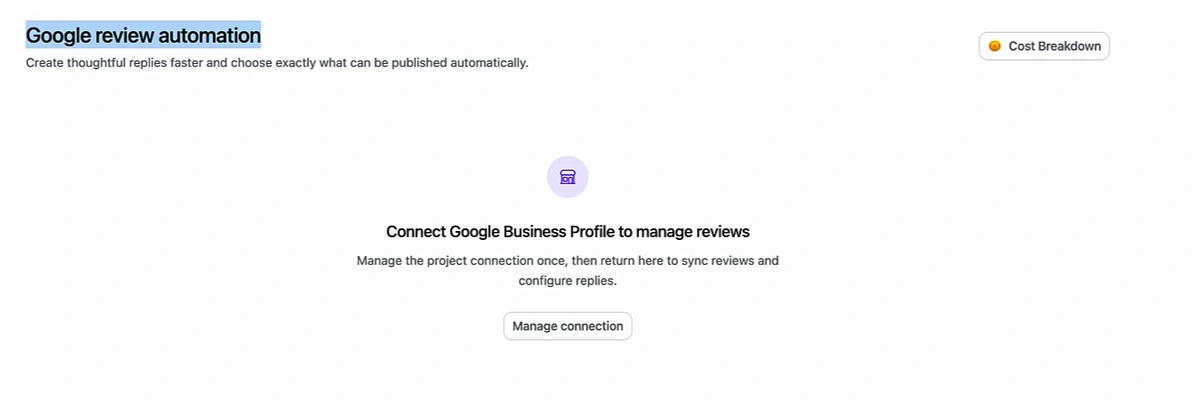 Arvow Google review automation screen: Create thoughtful replies faster and choose exactly what can be published automatically; Connect Google Business Profile to manage reviews; Manage connection button