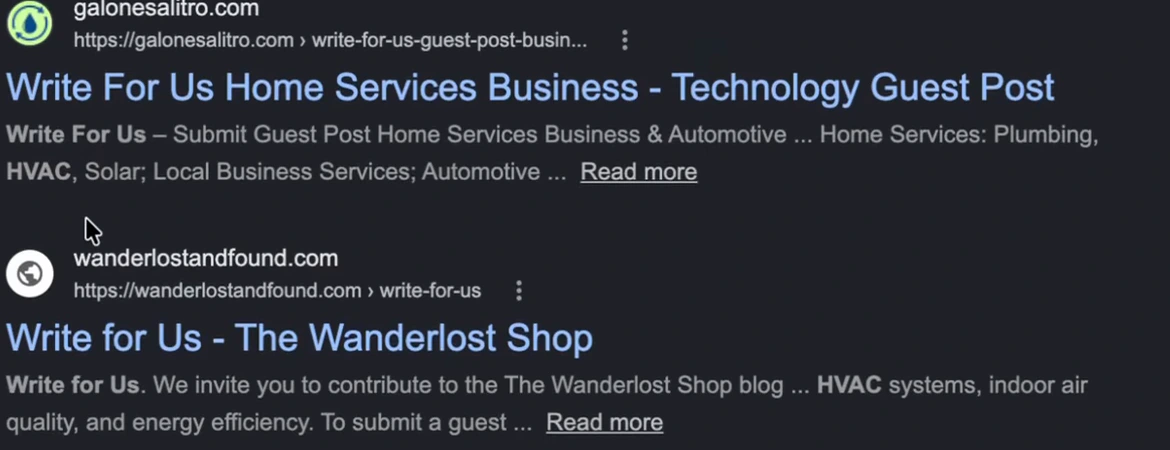 Google results for hvac write for us: Write For Us Home Services Business - Technology Guest Post on galonesalitro.com, and Write for Us - The Wanderlost Shop on wanderlostandfound.com, both inviting HVAC guest posts