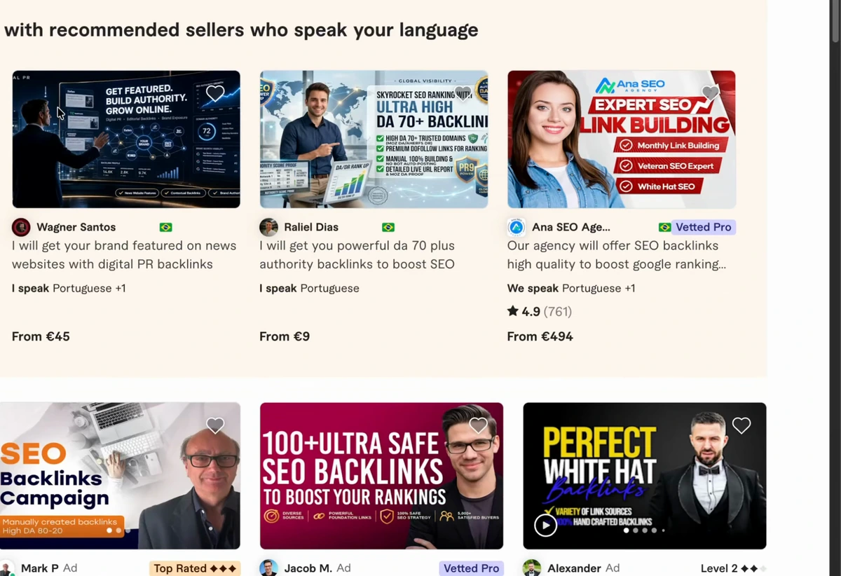 Fiverr search results for backlinks: gigs offering brand features on news websites with digital PR backlinks from 45 euros, powerful DA 70 plus authority backlinks from 9 euros, expert SEO link building from a Vetted Pro agency rated 4.9 from 494 euros, and a second row promising DR 50, 60, 70+, SEO backlinks campaigns, 100+ ultra safe SEO backlinks and perfect white hat backlinks