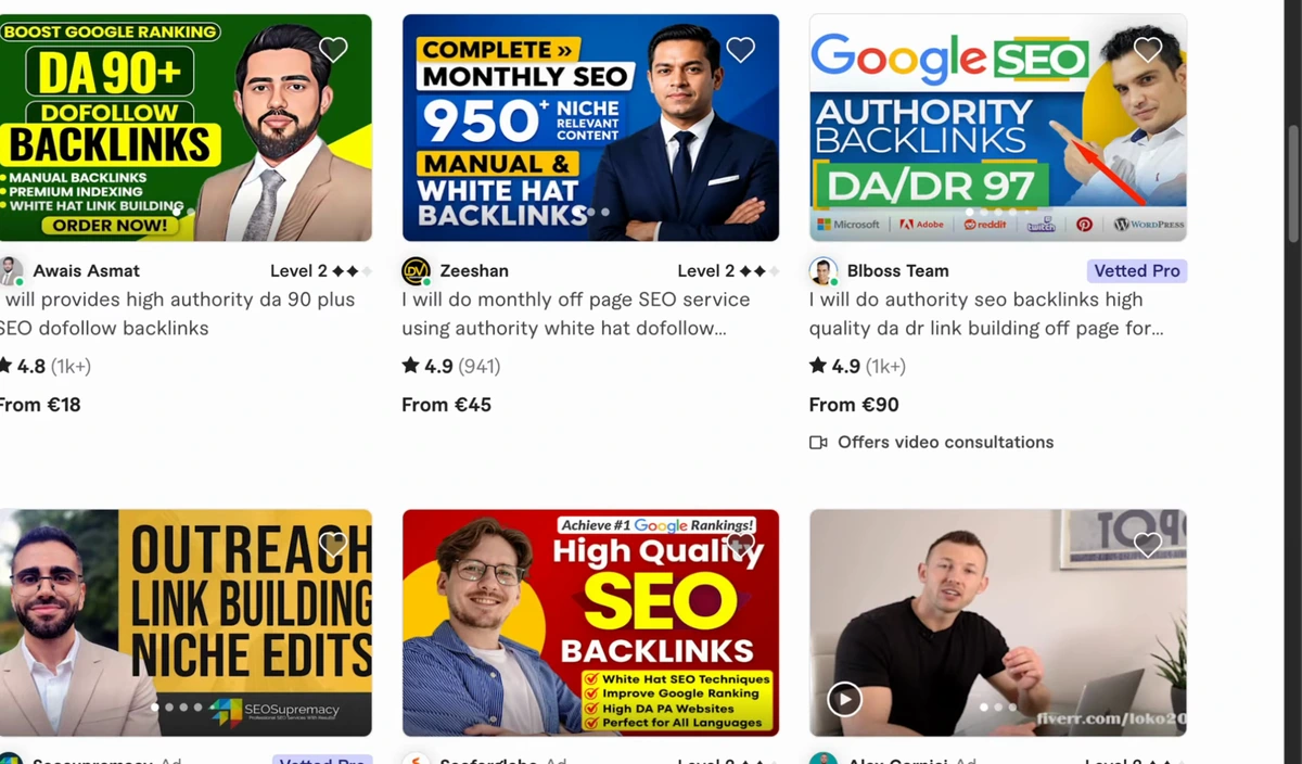 More Fiverr backlink gigs: DA 90+ dofollow backlinks from 18 euros, complete monthly SEO with 950 niche-relevant manual white hat backlinks from 45 euros, Google SEO authority backlinks DA/DR 97 from 90 euros, plus outreach link building niche edits, 200 high DA German guest posts and high quality SEO backlinks