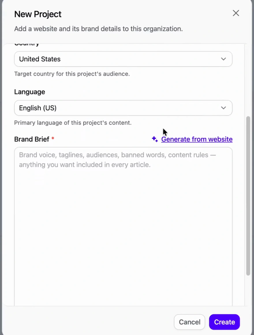 Arvow New Project modal: target country United States, language English (US), and a required Brand Brief field with a Generate from website link, with Cancel and Create buttons
