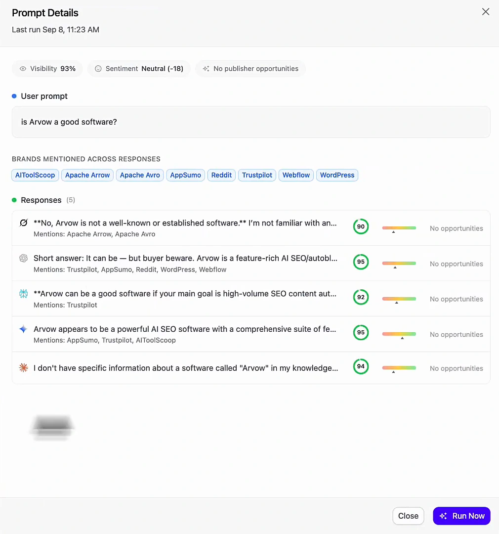 Prompt details for is Arvow a good software? — visibility 93%, sentiment neutral (−18), brands mentioned including AIToolScoop, Apache Arrow, Apache Avro, AppSumo, Reddit, Trustpilot, Webflow and WordPress, and responses including No, Arvow is not a well-known or established software and Short answer: it can be — but buyer beware