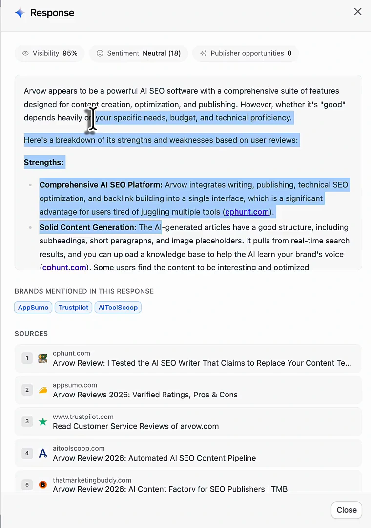 A model's response in the monitor: visibility 95%, sentiment neutral (18), an answer describing Arvow as a powerful AI SEO software with a breakdown of strengths and weaknesses based on user reviews, brands mentioned AppSumo, Trustpilot and AIToolScoop, and five sources: cphunt.com, appsumo.com, trustpilot.com, aitoolscoop.com and thatmarketingbuddy.com