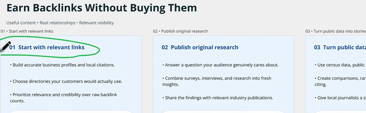 A Miro board titled Earn Backlinks Without Buying Them, subtitled useful content, real relationships, relevant visibility, with numbered cards: 01 Start with relevant links (build accurate business profiles and local citations, choose directories your customers would actually use, prioritize relevance and credibility over raw backlink counts), 02 Publish original research and 03 Turn public data into stories