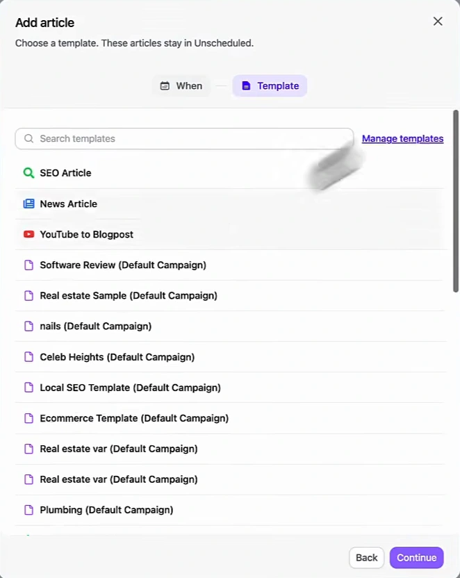 Arvow's Add article modal with the Template step selected, listing SEO Article, News Article, YouTube to Blogpost and custom templates including Software Review, Real estate Sample, Celeb Heights, Local SEO Template, Ecommerce Template and Plumbing, each marked Default Campaign