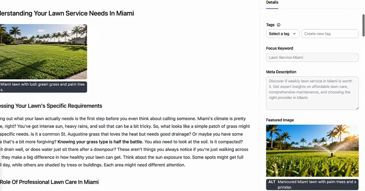 An article open in Arvow's editor, Weekly Lawn Service in Miami: Is It Worth It?, showing an H2 Understanding Your Lawn Service Needs In Miami, an image with alt text, an H3, body copy, and a Details panel with tags, focus keyword Lawn Service Miami, a meta description and a featured image with alt text