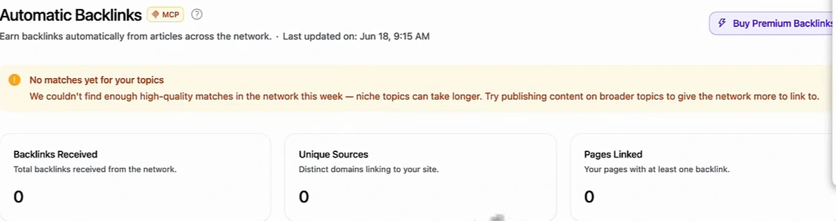 Arvow's Automatic Backlinks page for a new demo project: earn backlinks automatically from articles across the network; a notice reading No matches yet for your topics, we couldn't find enough high-quality matches in the network this week, niche topics can take longer, try publishing content on broader topics; and three counters at zero: Backlinks Received, Unique Sources, Pages Linked