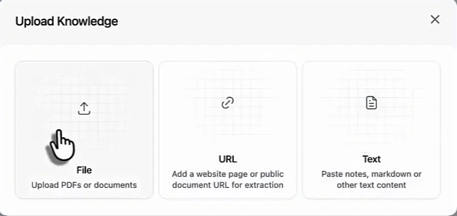 Arvow's Upload Knowledge modal with three options: File (upload PDFs or documents), URL (add a website page or public document URL for extraction) and Text (paste notes, markdown or other text content)