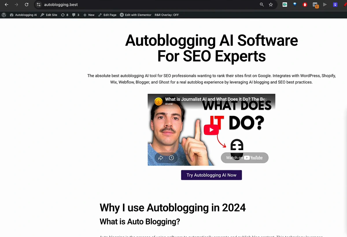 Chrome showing autoblogging.best with the WordPress admin bar reading R&R Overlay: OFF; the page is the site's own content, Autoblogging AI Software For SEO Experts, with an embedded video and a Try Autoblogging AI Now button