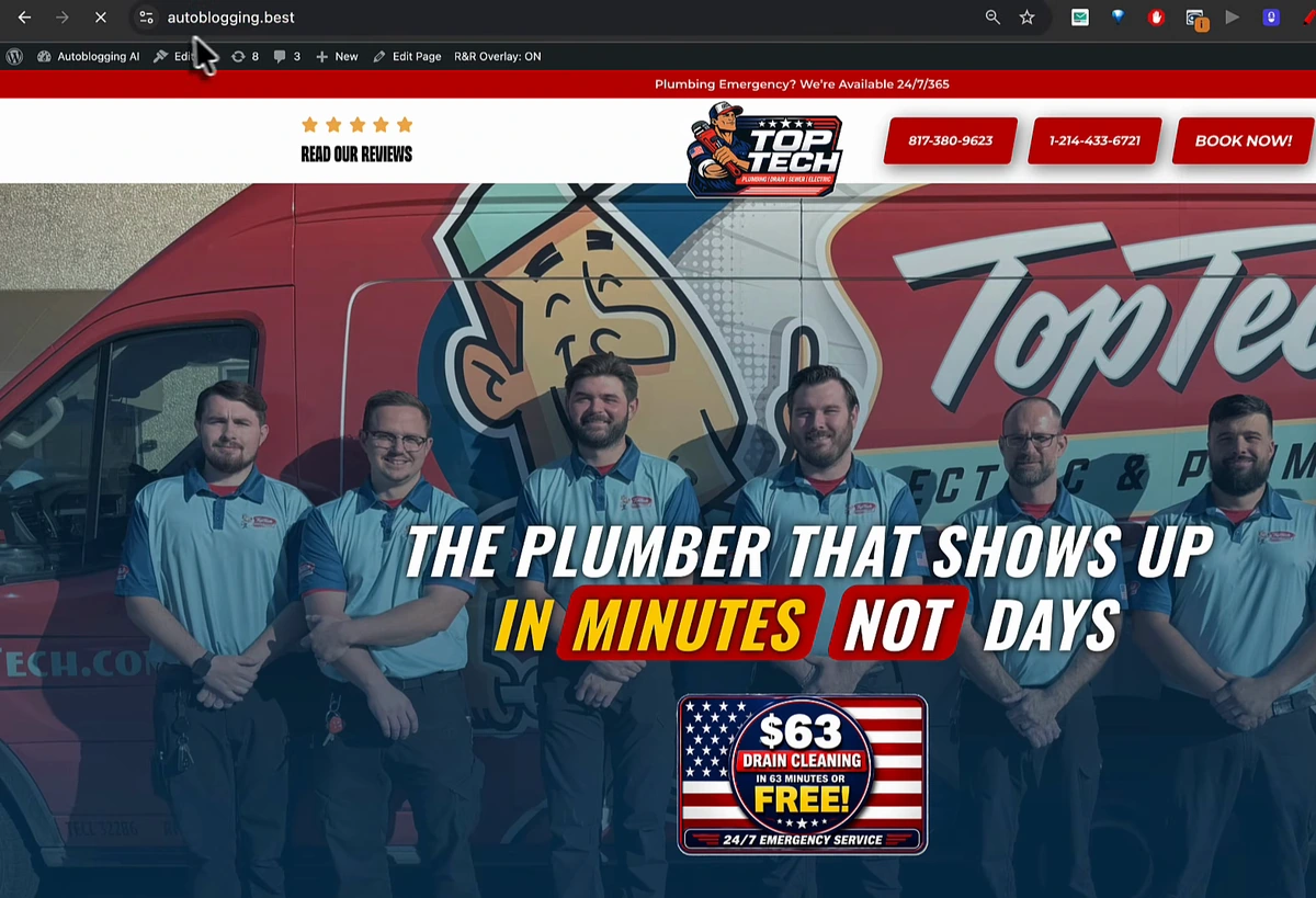 Chrome still showing autoblogging.best in the address bar, admin bar now reading R&R Overlay: ON, but the page is a Dallas plumbing company's homepage with its phone numbers, Book Now button, van photo and a $63 drain cleaning offer