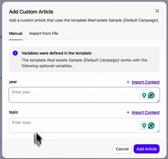 An Add Custom Article dialog in Arvow: it uses the template Real estate Sample, notes that variables were defined in the template, and shows two variable fields, year and topic, each with an Import Content link, plus Cancel and Add Article buttons