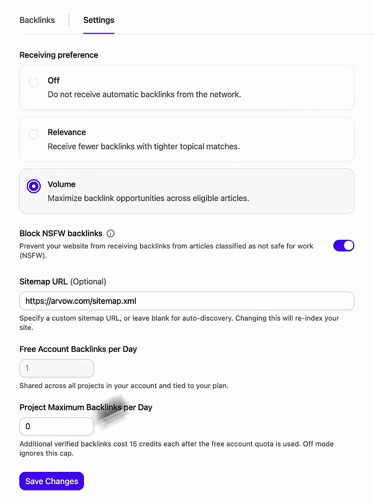Arvow Automatic Backlinks settings tab: Receiving preference with three options, Off, Relevance (fewer backlinks with tighter topical matches) and Volume (maximize backlink opportunities across eligible articles) with Volume selected; a Block NSFW backlinks toggle switched on; a Sitemap URL field; Free Account Backlinks per Day set to 1; Project Maximum Backlinks per Day; a note that additional verified backlinks cost 15 credits each after the free quota; a Save Changes button