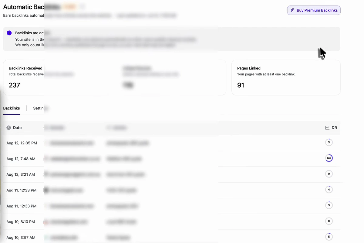 Arvow Automatic Backlinks screen: Backlinks Received 237, Pages Linked 91, and a list of recent placements by date with the linking domain's DR shown in a badge on each row