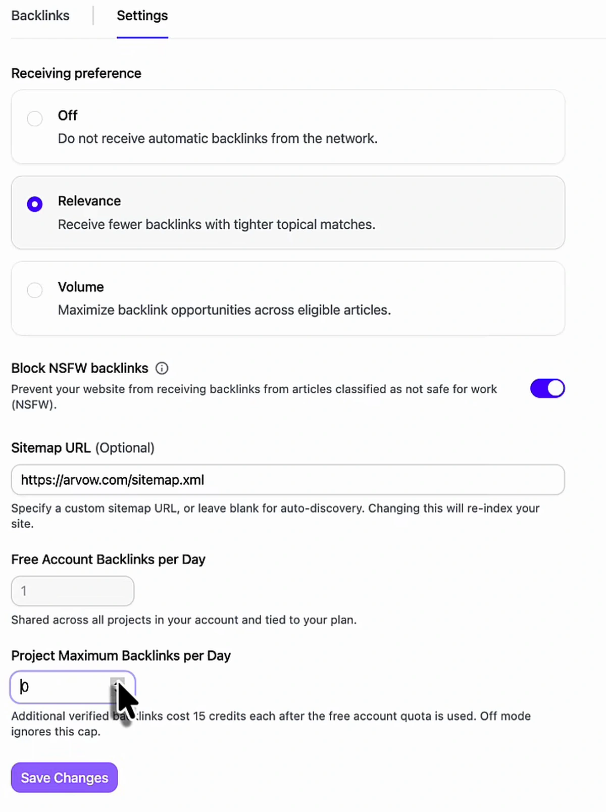 Arvow Automatic Backlinks settings: receiving preference with Off, Relevance (selected, receive fewer backlinks with tighter topical matches) and Volume (maximize backlink opportunities across eligible articles); Block NSFW backlinks toggle on; sitemap URL field; free account backlinks per day; project maximum backlinks per day; Save Changes